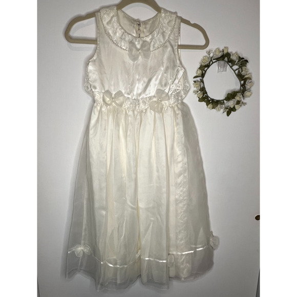 First Communion Dress Girls Size M White Sheer Lined Bows Peals Lace Satin Trim - Picture 3 of 16